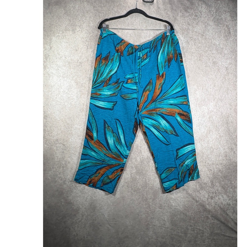ELCC Capri Pants Womens L Blue Silk Tropical Palm Leaf Print Wide Leg Crop Beach